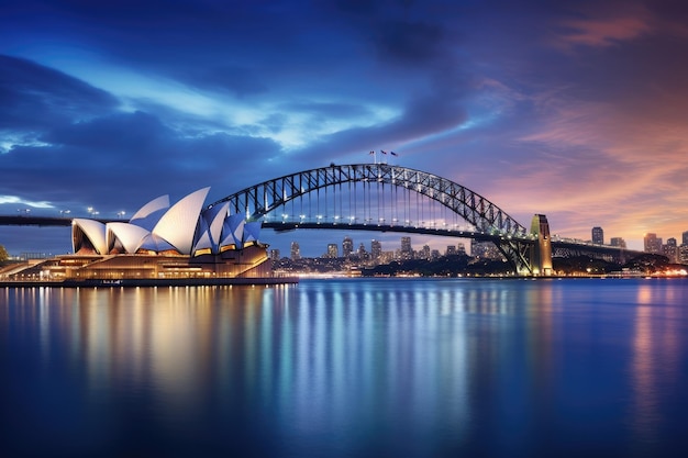 Sydney Opera House e Sydney Harbour Bridge al tramonto Australia Sydney Opera House e Sydney Harbour Bridge durante il crepuscolo Australia AI Generato