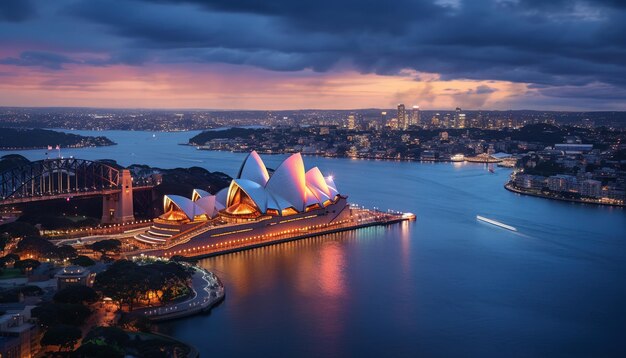 Sydney Opera House tramonto serale vista aerea paesaggio centro delle arti porto australiano