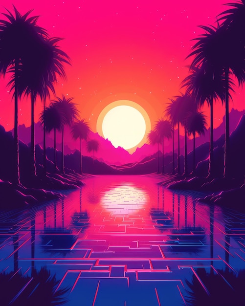 Synthwave anni '80 anni '90 neon sfondo arcobaleno arancione giallo rosa retro cyberpunk illustrazione sfondo