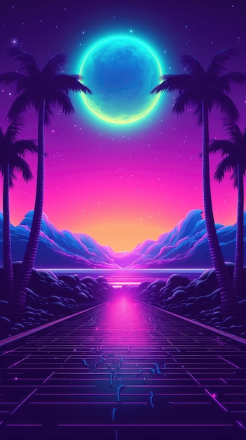 Synthwave anni '80 anni '90 sfondo al neon Blue Purple Retro cyberpunk illustrazione instagram formato sociale