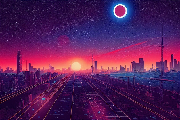 Synthwave città futuristica retrò onda rosa città illustrazione