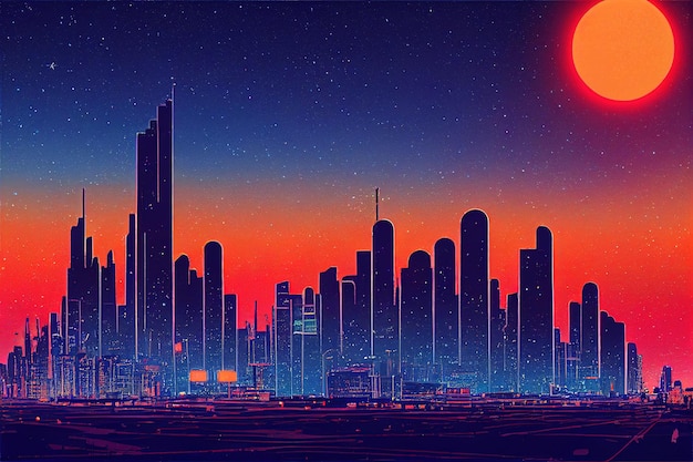 Synthwave città futuristica retrò onda rosa città illustrazione