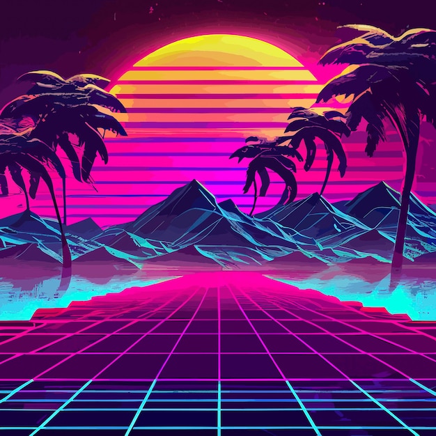 Synthwave design retrò montagne e sole illustrazione