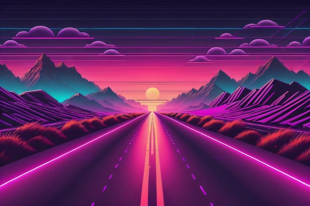 Synthwave road con montagne intorno ad esso sfondo con intelligenza artificiale generativa