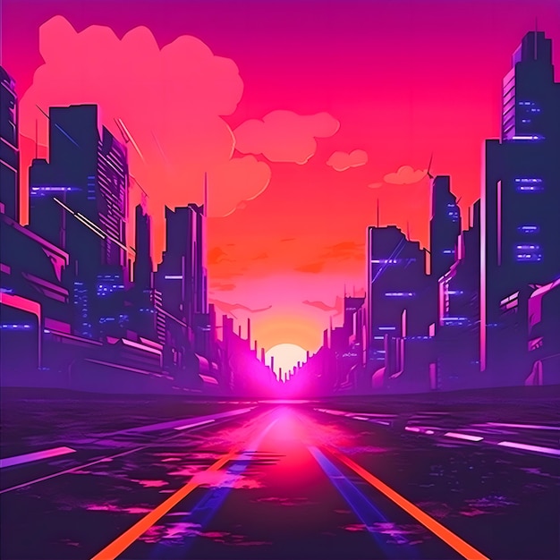 Synthwave Sunset Illustration Cyberpunk Retro Neon Background con Easy Overlook