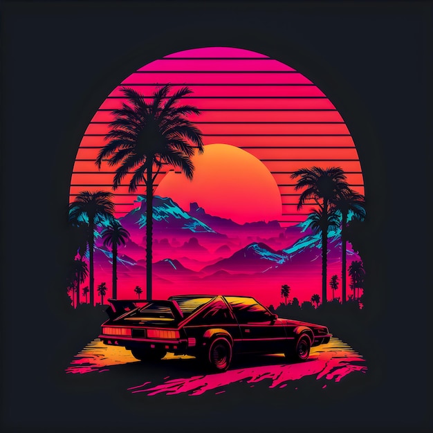 Synthwave tramonto paesaggio con palme onda retrò illustrazione