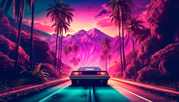 synthwavevaporwave auto a cavallo su strada collina tra palme luce volumetrica ampia vista