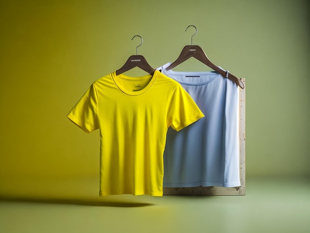 T-shirt a colori creativi Mockup con gancio su sfondo giallo rendering 3D