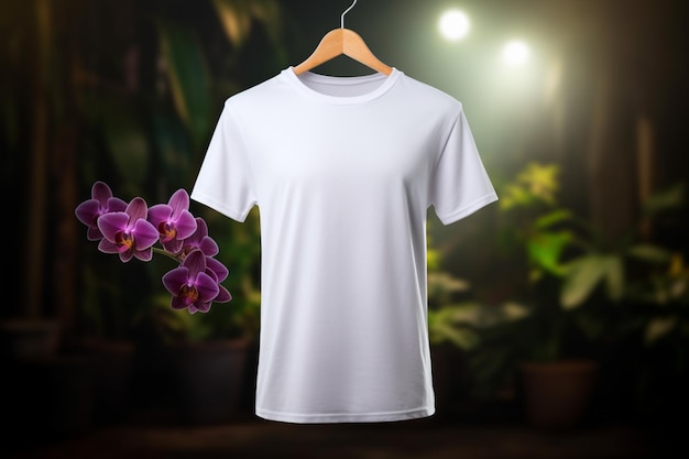 T-shirt bianca appesa a una gruccia con un'orchidea viola sullo sfondo