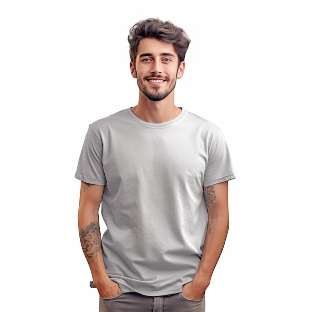 T-shirt colorato modello uomo con giallo verde rosso arancione grigio T-shirt design con sfondo bianco