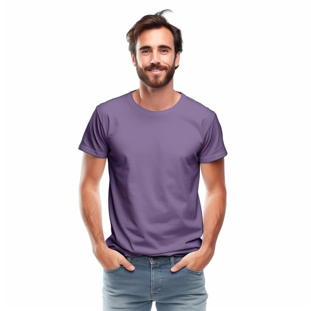 T-shirt colorato modello uomo con giallo verde rosso viola rosa T-shirt design con sfondo bianco