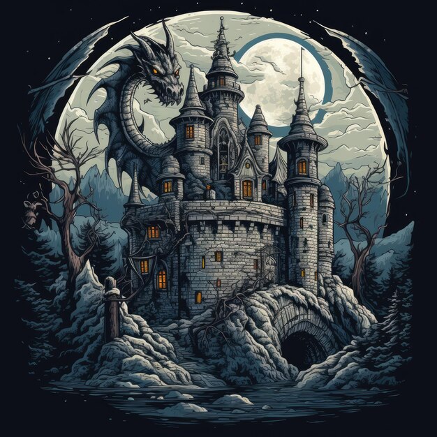 T-shirt Design Un castello infestato che è sorvegliato da un drago