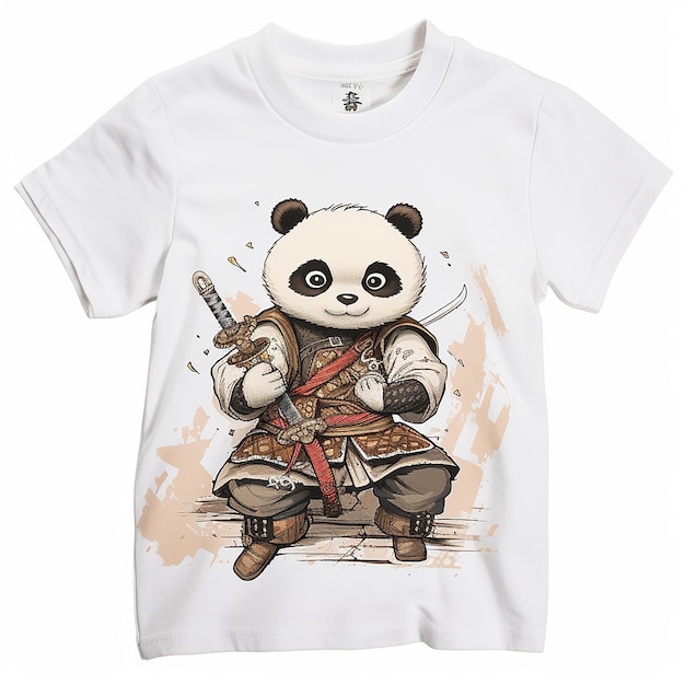 T-shirt di design grafico cartoon carino panda samurai katana spada selvaggia stile full white kids