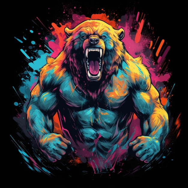 t-shirt grafico di un gigante muscolare con la testa di un orso illustrazione colori vivaci aggressivi