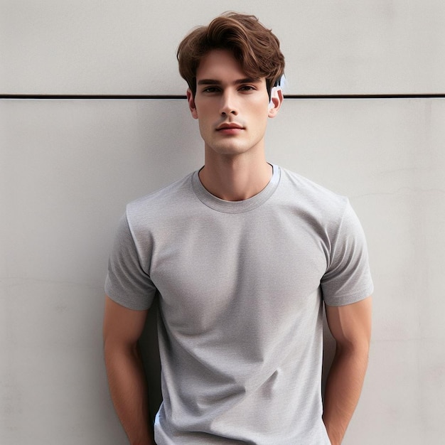 T-shirt grigio modello un uomo che indossa una camicia grigia T-shirt modello di camicia per modello