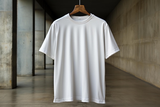 T-shirt in cotone bianco su appendiabiti Copyspace sfondo concreto