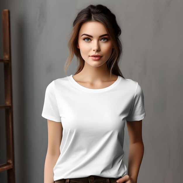 T-Shirt VNeck per donne modello di immagine in bianco con modello femminile