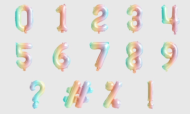 Tabella dei numeri e illustrazione 3d del segno di palloncini arcobaleno di tipo 5 isolati su sfondo bianco