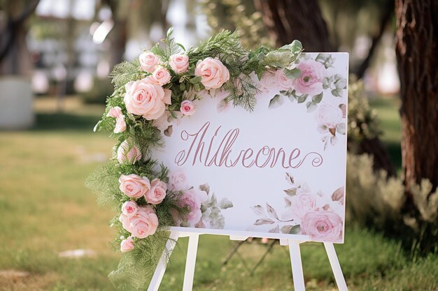 Tabella di benvenuto con calligrafia e arrangiamenti floreali