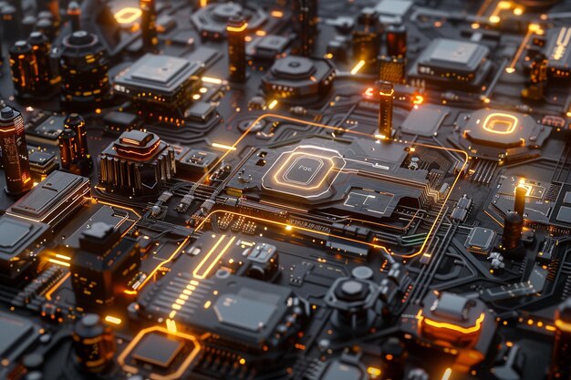 Tabella di circuito astratto con linee di codice e luminosità