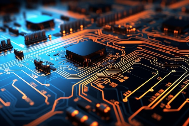 Tabella di circuito astratto con righe di codice e AI p 00081 03