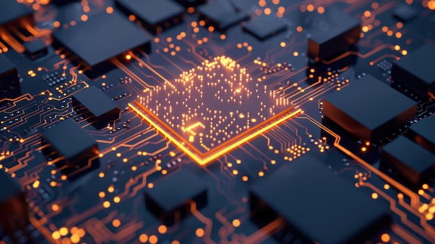 Tabella di circuito con linee arancione luminose