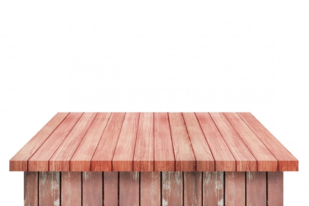 Tabella di legno marrone vuota dello scaffale su fondo bianco. per il montaggio del tuo prodotto