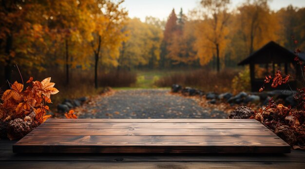 Tabella di legno su sfondo forestale con sfondo di fogliame autunnale Per prodotti da esposizione o da montaggio