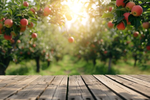 Tabella di prodotti in legno resistente alle intemperie mostra giardino di mele sullo sfondo