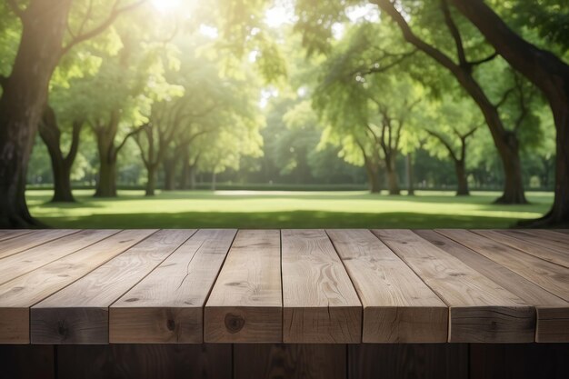 Tabella vuota in legno all'aperto green park natura sfondo modello di visualizzazione del prodotto