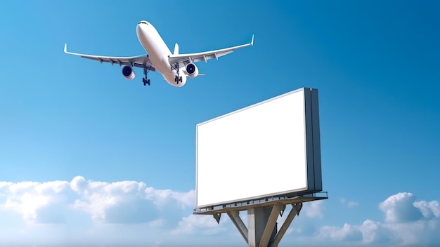 Tabellone per le affissioni bianco con mockup vuoto sullo sfondo di un cielo blu e un aereo volante generativo ai