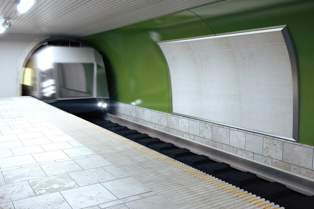 Tabellone per le affissioni in bianco sulla parete verde della metropolitana e mock up del treno in movimento