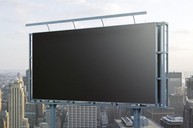 Tabellone per le affissioni orizzontale nero vuoto sulla vista prospettica dello sfondo del paesaggio urbano Concetto di pubblicità mockup