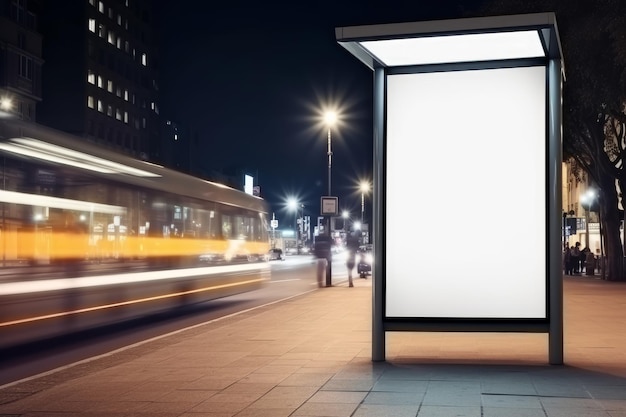 Tabellone per le affissioni verticale bianco vuoto sul segnale di fermata dell'autobus della strada della città di notte con uno sfondo urbano sfocato per scopi pubblicitari e di marketing