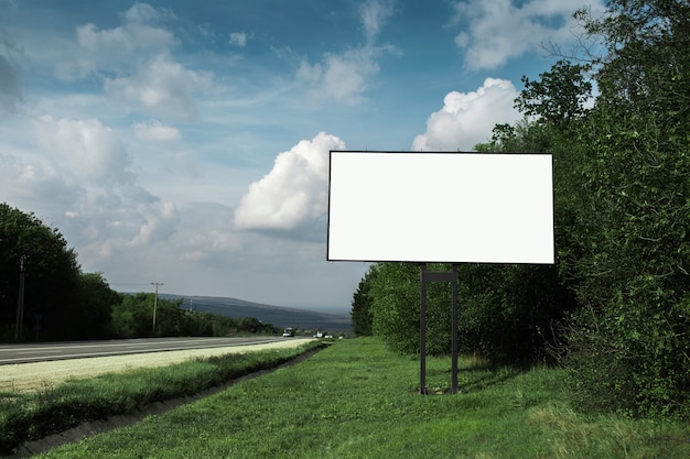 Tabellone per le affissioni vuoto per poster pubblicitario vicino a strada asfaltata e foresta verde, su sfondo blu del cielo.