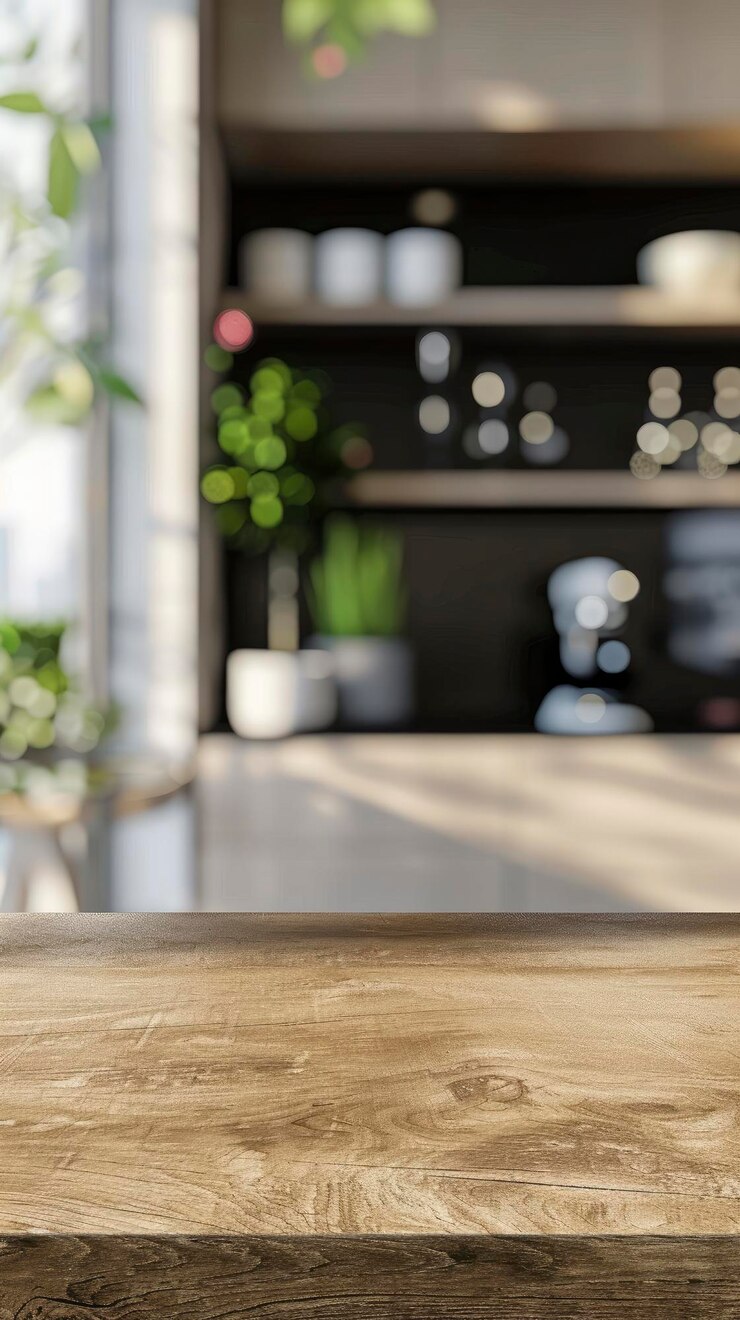 Table countertop with blurred modern kitchen background template for demonstration product