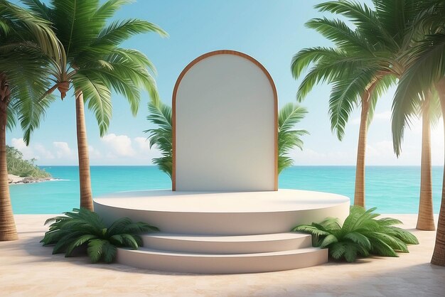 Table top podium stage stand su palma tropicale sullo sfondo per il product placement 3d render