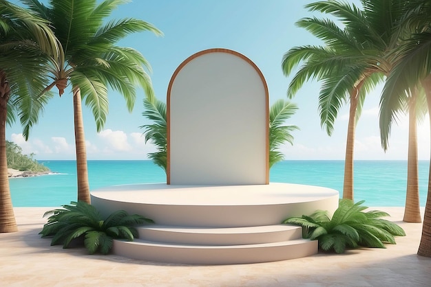 Table top podium stage stand su palma tropicale sullo sfondo per il product placement 3d render