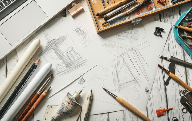 Tablero de Dibujo con Bocetos y Material de Arte