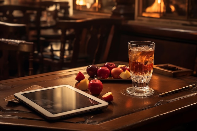 Tablet bianco sulla tavola di legno con un bicchiere di bevanda fredda e mela rossa