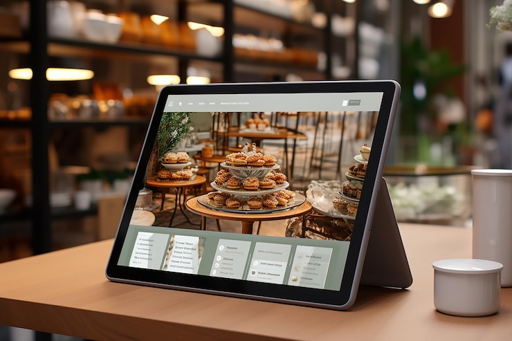 Tablet con schermo che mostra le ricette della torta sulla tavola di legno nel negozio di pasticceria