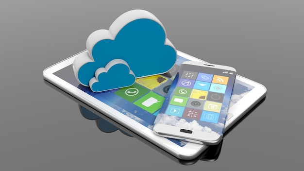 Tablet e smartphone con app quadrate e icone cloud isolate su nero