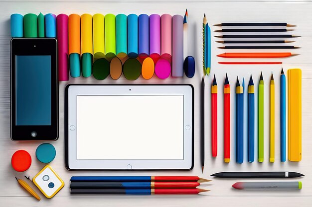 Tablet iPad e materiale scolastico intorno a Flat lay