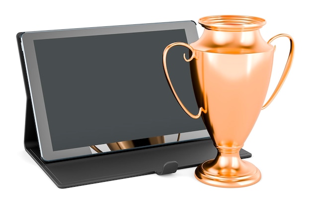 Tablet PC con trofeo d'oro Coppa premio rendering 3D