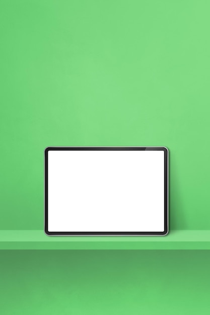 Tablet pc digitale su mensola a parete verde Banner di sfondo verticale