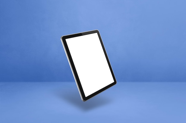 Tablet pc vuoto che galleggia su uno sfondo blu illustrazione 3D isolata modello orizzontale