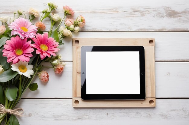 Tabletta in primo piano con un monitor a schermo vuoto con un bouquet di fiori sullo sfondo bianco del tavolo