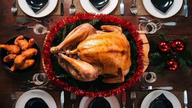 tacchino al forno o pollo la tavola di Natale è servita con un tacchino decorato con ornamenti luminosi