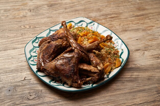 Tacchino arrosto e cuscus sul fondo della tavola in legno con lo spazio della copia.