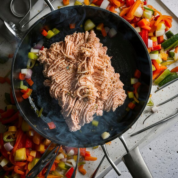 tacchino macinato in una padella con verdure crude pronte per la cottura